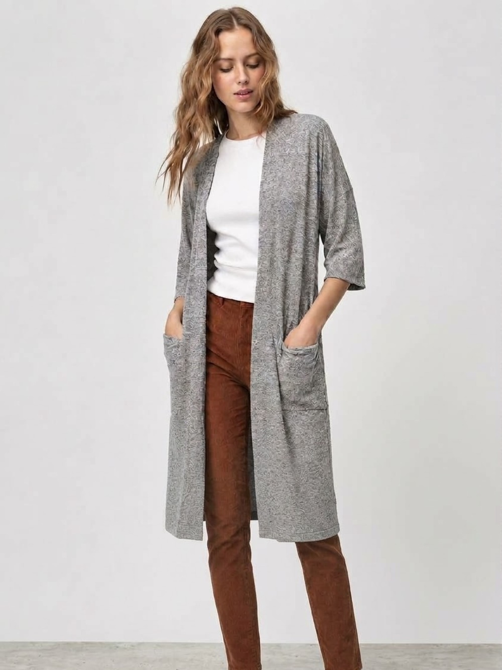 ARITZIA Wilfred Duster Cardigan Long Gray Open Front Jersey Knit - MEDIUM